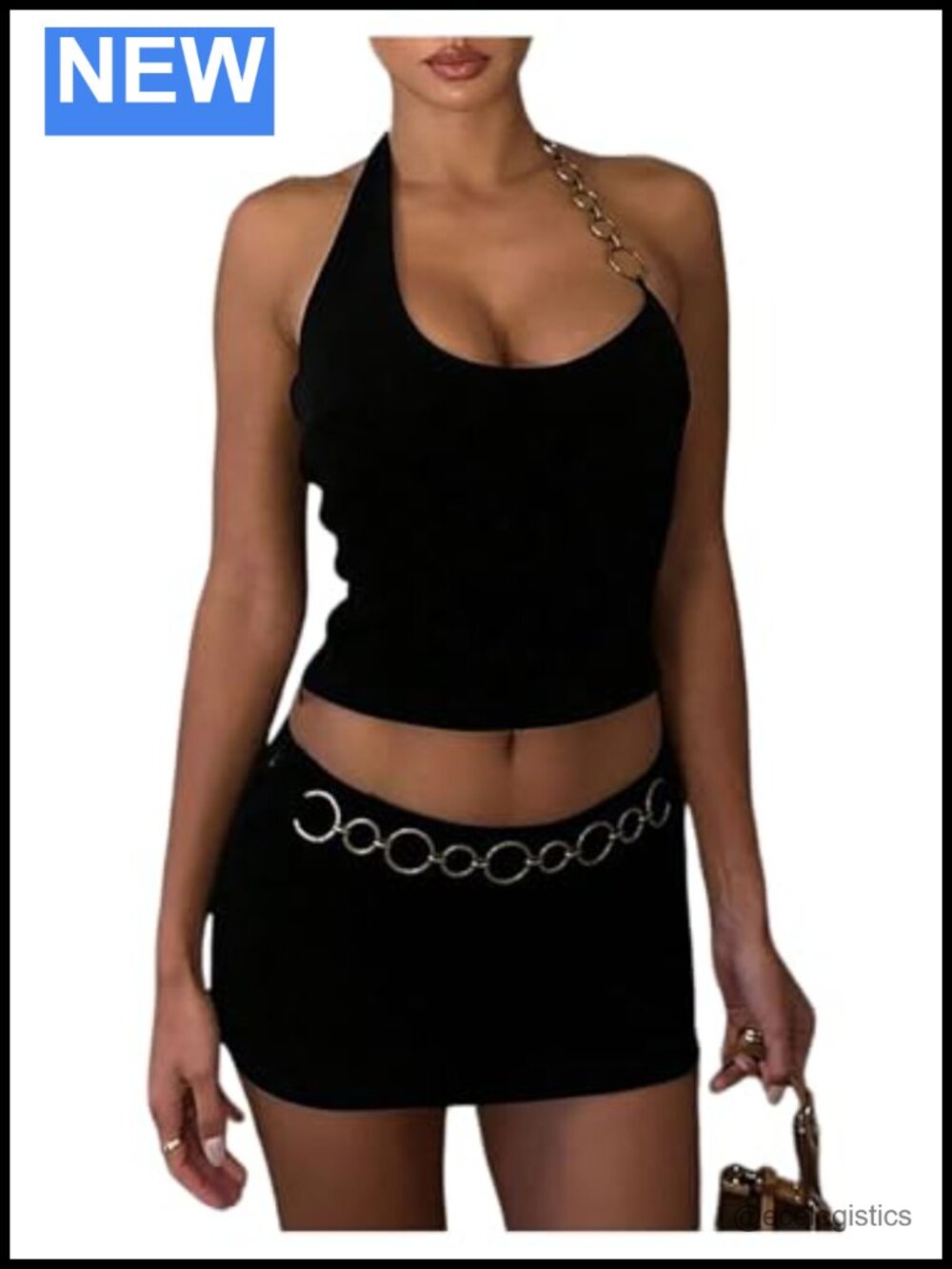 Women's Two Piece Chain Halter Crop Top and Bodycon Mini Skirt Set Y2K Club